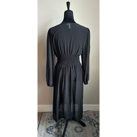 KENZIE Black Sheer V Neck Button Front Polka Dot Long Sleeve Midi Dress Size M - Picture 6 of 7